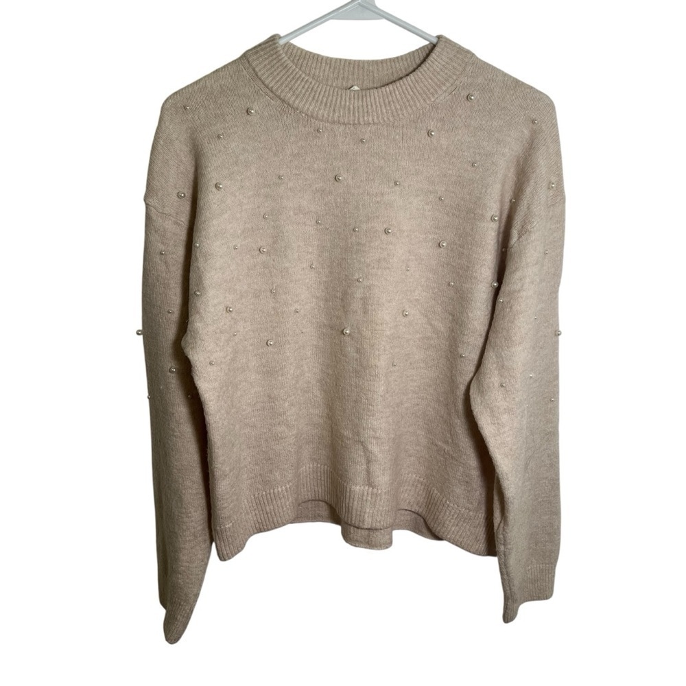 H&M Women's Size XS Crewneck Sweater Beige Pearls Crewneck Stretch Wool